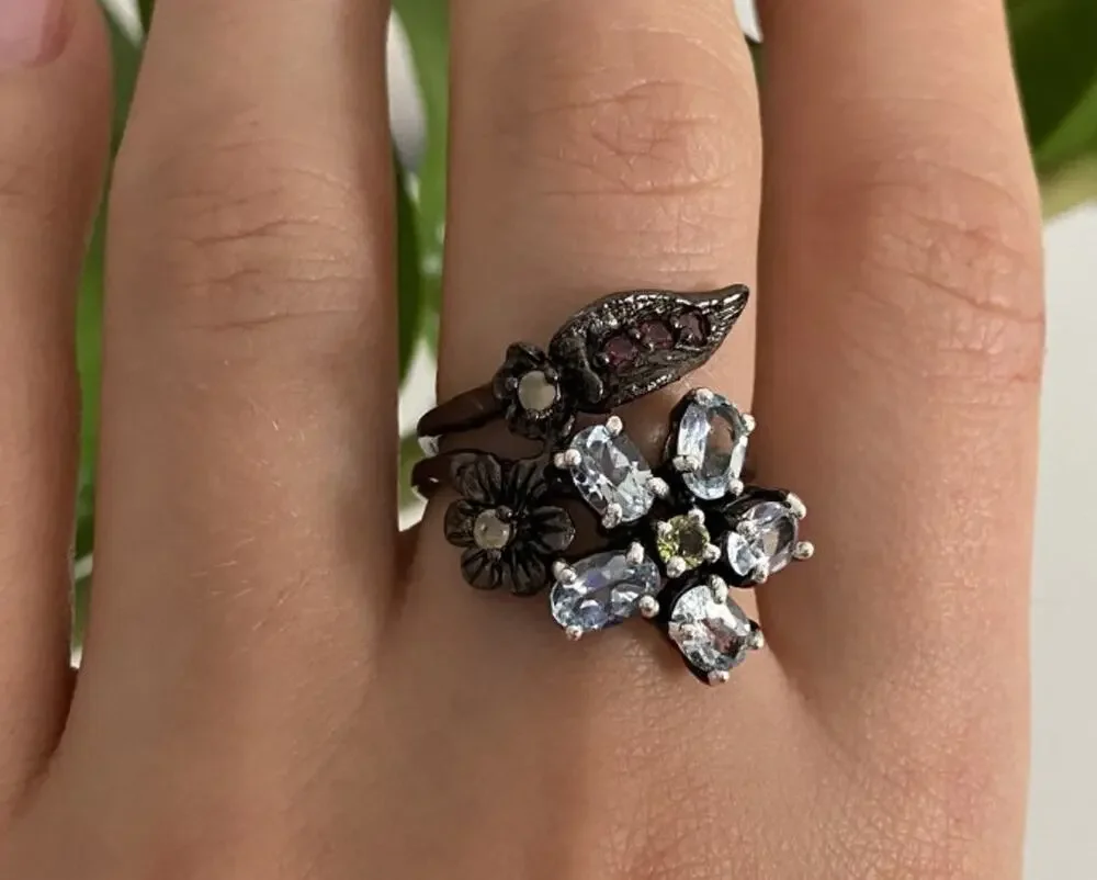 925 Blackened Silver Topaz, Garnet, Peridot & Opal Ring Size 8